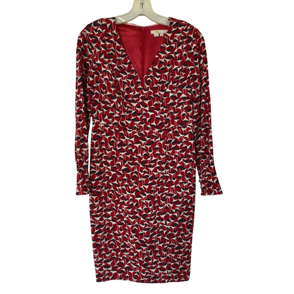 Boden Red Floral Tulip V-Neck Sheath Dress Long Sleeve Button Cuff US 4P‎ W0295